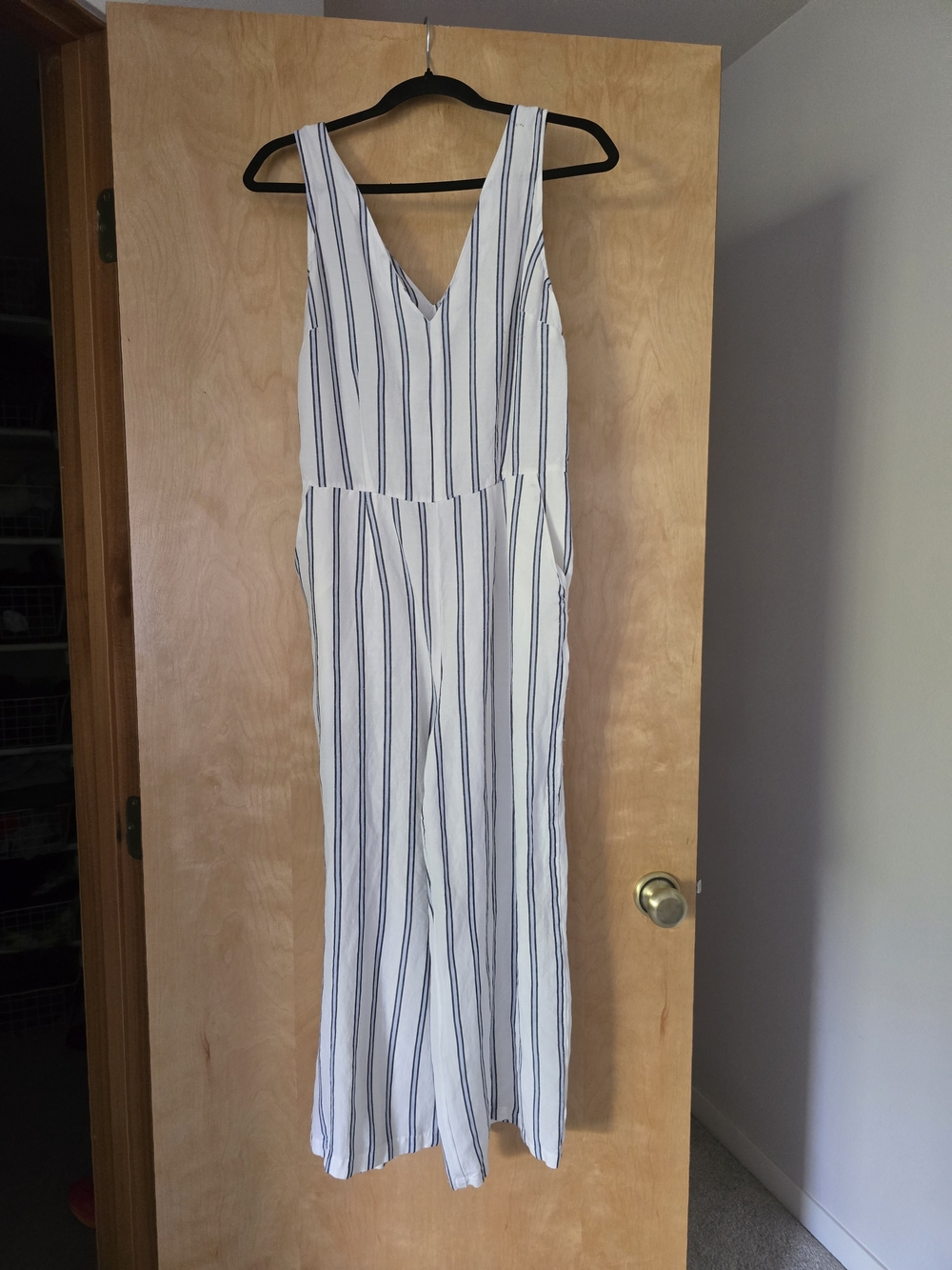 a new day White Sleeveless Romper with Black Vertical Stripes